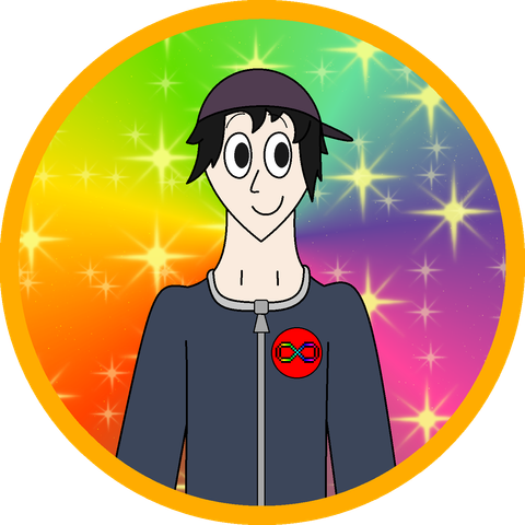 Bust drawing of a happy Pane wearing a red pin with a rainbow infinity symbol (#actuallyautistic) on it. The bust drawing background is a rainbow conical gradient but with a tint of orange plus yellow sparkles added.