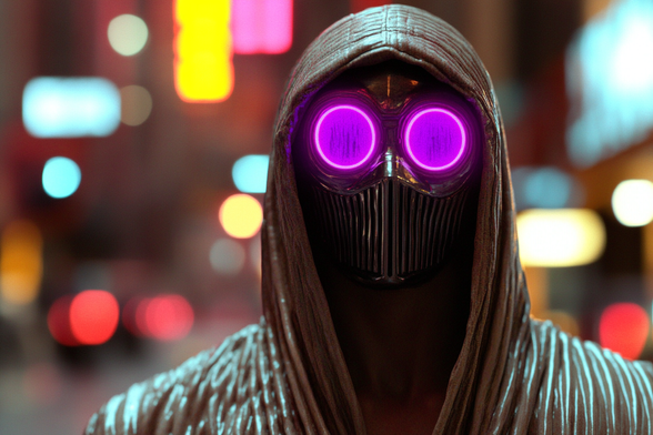 A futuristic cyberhuman robot with a sleek mask and large, glowing purple round eyes stands confidently against a dark, neon-lit background.
