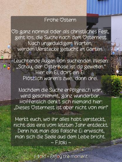 Das Foto zeigt einen kleinen, knorrigen Strauch mit verdrehten, blattlosen Ästen, der auf einer saftig grünen Rasenfläche vor einem Wohnhaus steht. Der Strauch ist mit vielen bunten, bemalten Ostereiern dekoriert. Die Eier hängen verstreut zwischen den Ästen in leuchtenden Farben wie Orange, Lila, Gelb, Weiß, Blau, Rosa, Grün und Rot.

Im Hintergrund sieht man die beige Putzfassade eines Wohnhauses, sowie einen kleinen Ausschnitt eines zweiten Hauses, dessen Wand in hellem Blau gestrichen ist. Zwei weiße Fenster und ein Stück des Daches sind ebenfalls sichtbar. Der Boden rund um den Strauch ist sauber gepflegt, der Rasen frisch gemäht, daneben ein gepflasterter Gehweg, der leicht nass wirkt – möglicherweise hat es kurz zuvor geregnet.

In der unteren Bildhälfte ist ein poetischer Text in weißer, verspielter Schrift auf einem halbtransparenten, grauen Rechteck zu sehen. Der Text trägt den Titel „Frohe Ostern“ und ist ein gereimtes Oster-Gedicht. Der Text spielt humorvoll und fröhlich mit der Vorfreude auf das Eiersuchen, den Überraschungen beim Finden und dem Schlemmen danach. Auch ein augenzwinkernder Hinweis, dass man keine vergessenen Eier aus dem Vorjahr finden sollte, ist Teil des Gedichts.

Der Text ist unterzeichnet mit dem Namen „~ F.loki ~“.

Unten auf dem Bild befindet sich ebenfalls der Schriftzug:
„F.loki ~ -Enjoy the moment“
Der Text ist mit kleinen Herzsymbolen dekoriert.

Das Foto wurde in Bad Soden-Allendorf aufgenommen.