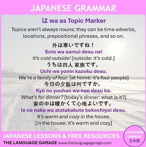 Japanese grammar notes on the topic particle wa, image of a cold day