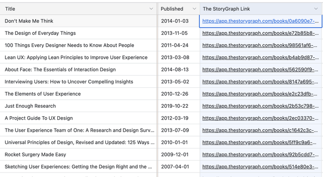 A screenshot of the Monster List of UX Books in Airtable shows three columns in the table: Title, Published, and The StoryGraph Link. The StoryGraph Link column is highlighted in blue, and each cell has a link.