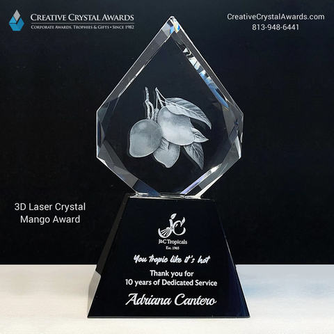 3d crystal mango award, crystal mango trophy, mango crystal award crystal fruit award, crystal fruit trophy, fruit crystal award, corporate crystal awards supplier USA, Creative Crystal Awards