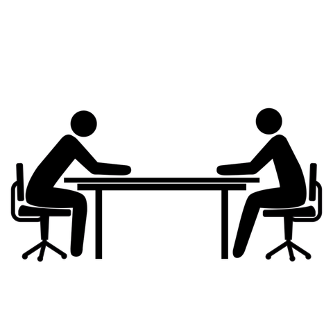 An illustration of two people sitting at a table facing each other while they share information needed for event design.