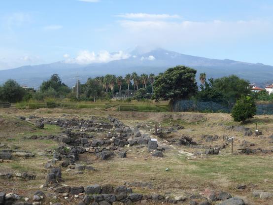 Panoramic view across ancient site of Naxos, with visible remains of geometrical city planning and hills in the distance. 