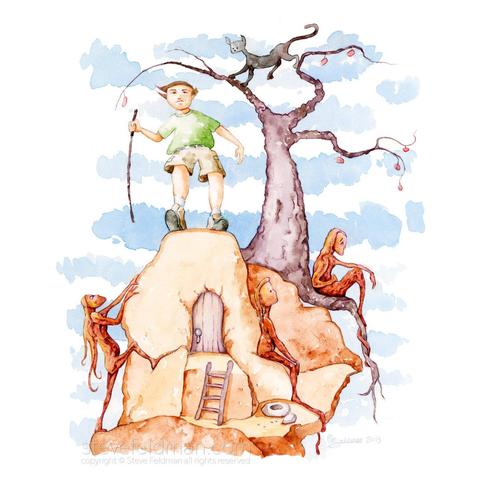 My watercolor painting titled “Perseverance Resolutely Looking into the Future while Apathy and Wistfulness Linger, Firmly Rooted in place and Ill Fortune Creeps up to Blind Side Him” shows a man standing atop a rocky outcrop while three strange figures, perhaps those described in the title, are close below him while a black cat in tree branches above him may be closing in.