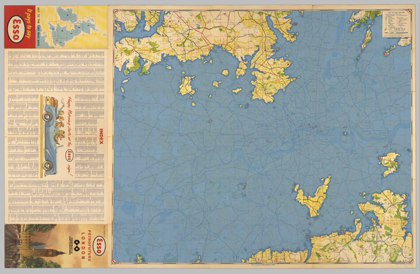 London Petrofuture — 66m sea level rise on a vintage Esso road map. Most of London and environs is underwater. 