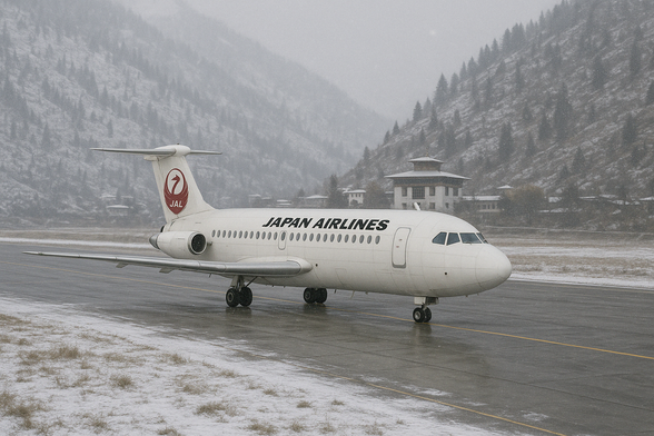 Japan Airlines BAC One-Eleven taxiing in Paro Buthan in icy weather with snow covering mountains