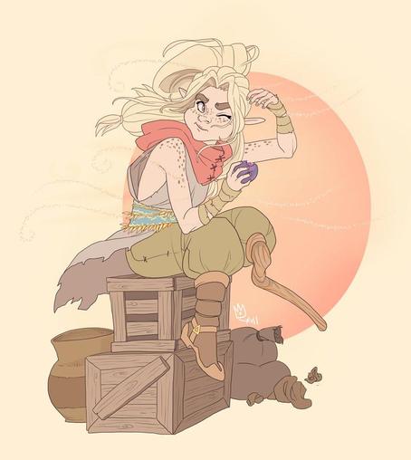Digital drawing of Dal from Rising Sand. She's sitting on a small stack of wooden crates, shielding her face from blowing sand. She's holding a big berry in her other hand.
