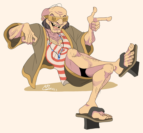Digital drawing of Sorril from Rising Sand. He's sitting, leaning back, and giving a finger-gun at some poor passerby.