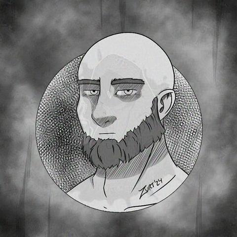 Rostro de alguien calvo y con barbas.