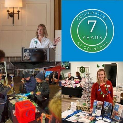 4 images from left to right Jenn accepting CCYP award and giving speech at event, Graphic Celebrating 7 Years At OpenCape, Steve and Jenn setting up the OpenCape table at the Barnstable Winter Stroll, and Jenn at OpenCape table CCW event.