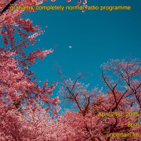 Pink cherry blossom tree under blue sky

Orange text overlaid promoting a radio show, details in the main post.
