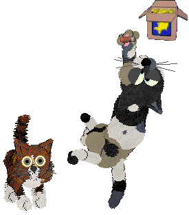 Carmine the Catz stares directly at the viewer with a highly traumatized expression.  To her side a calico named Andre with dust, blue, white and black patches dangles from a dog treat. A box of different fish flavored treats is sitting in the background. (Although I admit it looks like it is hovering.)

No worries, the calico's eyes look weird because of her position...the game is old and has brain farts about the orientation of some features in certain extreme positions.