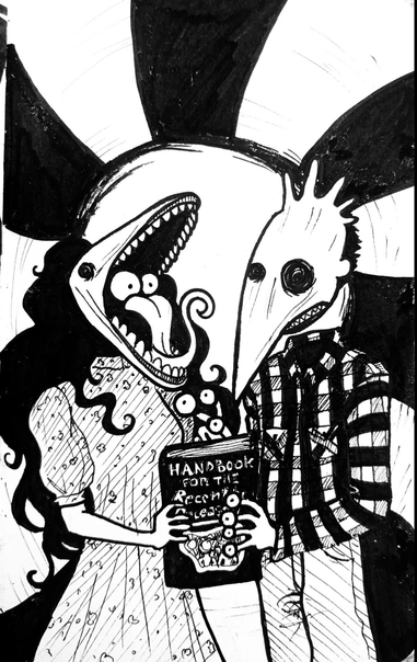 Ilustración en tinta y papel del matrimonio Maitland, personajes de la película Beetlejuice