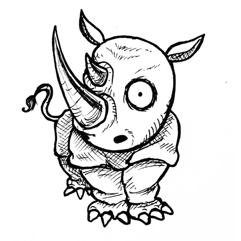 Ilustración tradicional en tinta y papel de un rinoceronte cuqui