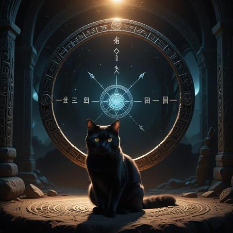 “A photorealistic black cat sitting in a circle of ancient runes, glowing faintly in moonlight, symbolizing intuition and protection, high detail, cinematic lighting, mystic atmosphere”