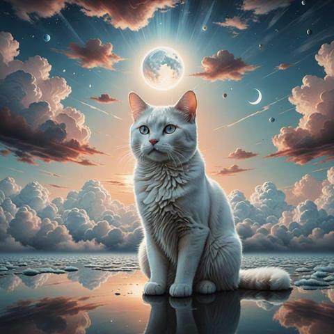 “Surreal portrait of a white cat with a third eye, floating in a dreamlike landscape of clouds and mirrors, soft surrealism, muted pastels, deeply symbolic and poetic”