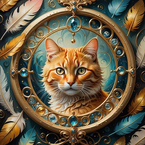 “Golden tabby cat curled in the shape of an infinity symbol, surrounded by falling feathers and hourglasses, symbolizing time and rebirth, soft-focus surreal art, high resolution”