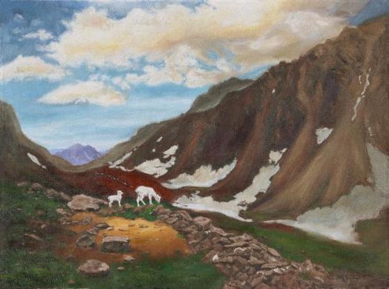 Oil painting on canvas depicting a pass between mountains where a wild sheep and lamb are grazing on sparse foliage. There are rough rocks and patches of leftover snow, the ground and mountains are in shades of brown beneath a pale blue sky with golden white clouds. A purple mountain is seen in the distance.