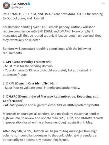 🚨 Attention email marketers! Outlook's new bulk email rules are about to impact your domain's deliverability. Starting May 5, 2025, make sure your emails are SPF, DKIM, and DMARC compliant to avoid rejection! #EmailMarketing #Outlook #SPF #DMARC #TechNews