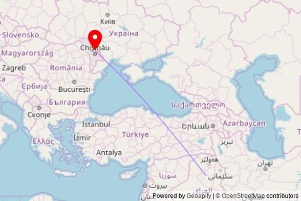 A map showing the great circle route from Baiji in Iraq to a map pin at Biserica Sf. Dumitru (sec.XVII), Strada Scrisului Latin, MD-3501 Orhei, Moldova