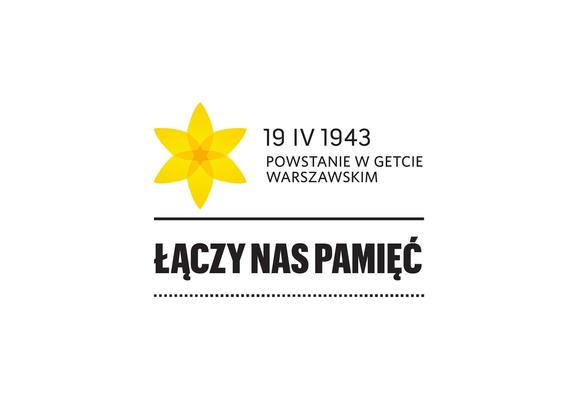 Grafika okolicznościowa z okazji rocznicy powstania w getcie warszawskim. na górze  ikona reprezentująca żółtego żonkila i napis 19 kwietnia 1943 powstanie w getcie warszawskim. W centralnej części hasło łączy nas pamięć.