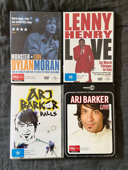Four standup comedy DVDs: Dylan Moran ‘Live - Monster’, Lenny Henry Live - ‘So Much Things To Say’, and two Arj Barker discs - ‘Live’ and ‘Balls’.