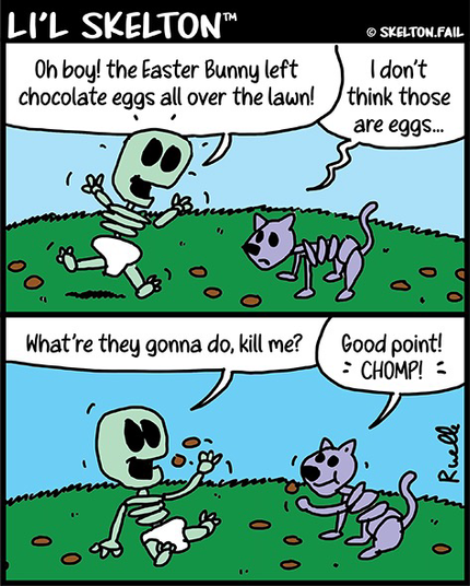 Li'l Skelton (in his diaper) and Skelekitty eat chocolate eggs left in the yard by the Easter Bunny, which are actually poop.