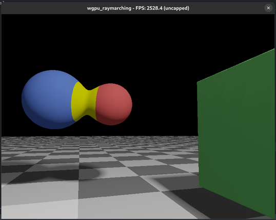 wgpu_raymarching - FPS: 2528.4 (uncapped)
Two colourful spheres blended together, green box on the right