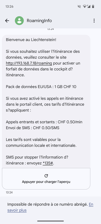 Texto informant de l'entrée au Liechtenstein et des règles et tarifs en vigueur pour les données mobiles