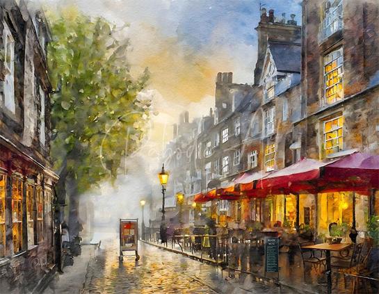 London England City Street with cobblestones and restaurant cafe at sunrise