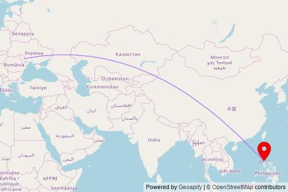 A map showing the great circle route from Orhei in Moldova to a map pin at Faithful, National Road, Muntinlupa, 1773 Metro Manila, Philippines