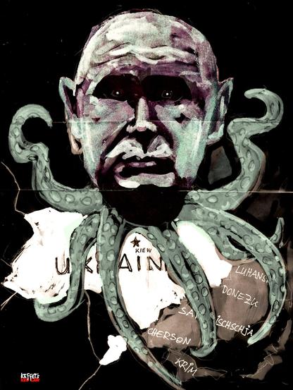 Ein Krake mit Putins Kopf hockt auf der Ukraine und umklammert sie.