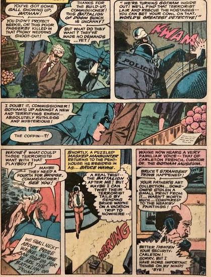 a page from the comic book, batman and commissioner gordon discussing a crisis where terrorists have abducted captives 