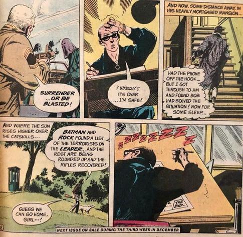 panels from the comic, showing terrorists being confronted, a figure walking up stairs, and a man with glasses on asleep at his desk