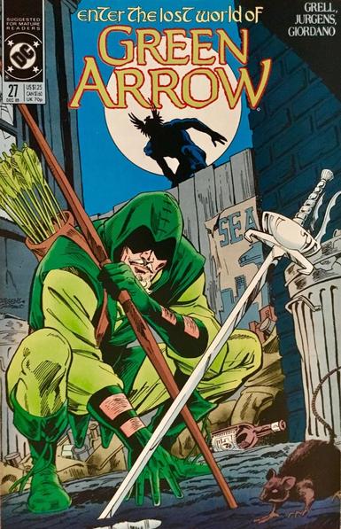 the cover of the comic book, at the top it reads 'enter the lost world of green arrow',, in the upper left corner is the dc comics logo, the illustration is of green arrow in an alley, crouching down, investigating a sabre stuck in the ground, an ominous figure in the shadows behind him, in front of a bright moon 