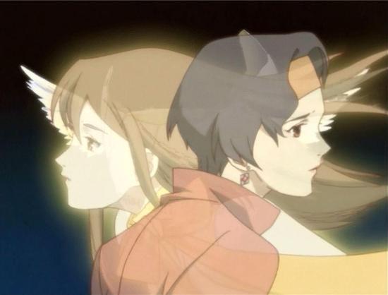 an image of two females, seen from their chests up, their forms over each others, facing opposite ways, against a dark background 