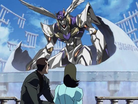 an image of a large silver and blue and gold robot, rising up, it has angel-like wings on its head, two humans looking at it in shock and awe, the sky blue behind them pillars rising up into the air in the background 