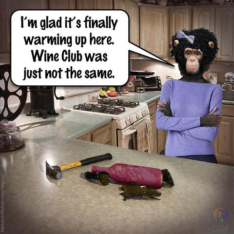 Created by C.G.Ferman 
Teresa Treehouse is in her kitchen standing at the serving counter by the oven. On the counter sits a hammer, broken wine bottle, and wine laying on its side frozen solid.
Teresa Treehouse says, “I’m glad it’s finally warming up here.
Wine Club was just not the same.” 
= = = = =
KitchenCounter: Wine_Frozen
©2020 Markers In Motion, LLC  &  Christopher G. Ferman
This content is subject to copyright.
www.MarkersInMotion.com 