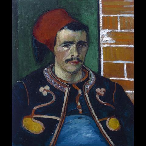 The painting is an oil on canvas portrait featuring a man dressed in traditional Ottoman attire, including a red fez hat. His expression is somber and contemplative. The color palette is dominated by earth tones with the use of a deep blue background that contrasts with the figure’s attire.