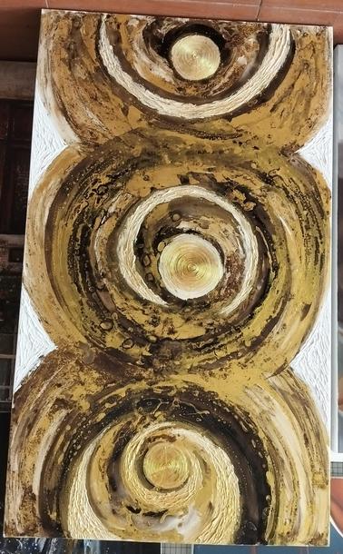 a painting, it is 3 wheels of golden tones against a white background, they are arranged vertically 