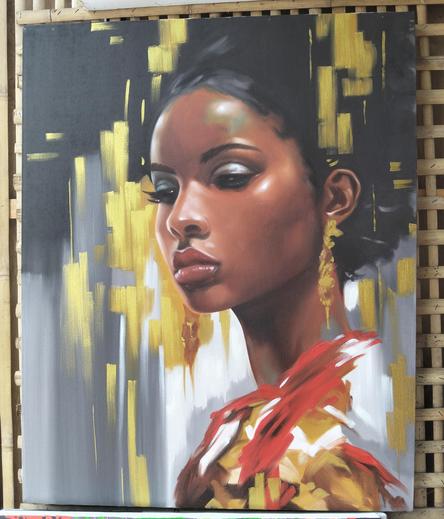 a woman in a red and gold robe, her hair tied up, looking down and to the left brush strokes of gold paint coming down around her, a silver and white and black brush stroke background 