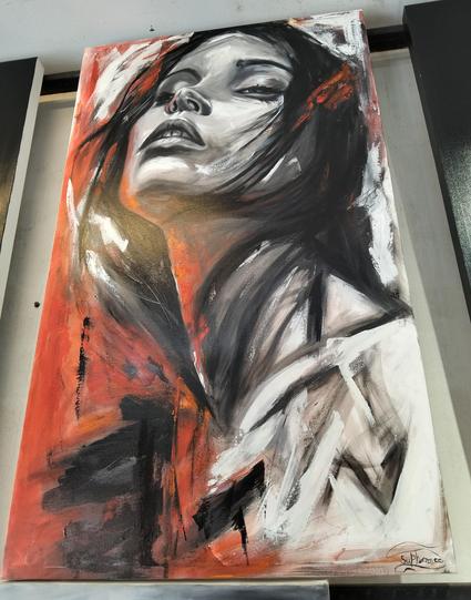 a painting of a female, from her chest up from a low perspective, wearing a white robe, a weary expression on her face, the painting done with slashy brushstrokes 