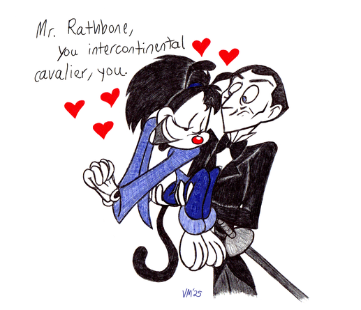 Myself as a Warner Sibling from ANIMANIACS, leaping into the arms of a befuddled Basil Rathbone as I declare, "Mr. Rathbone, you intercontinental cavalier, you."