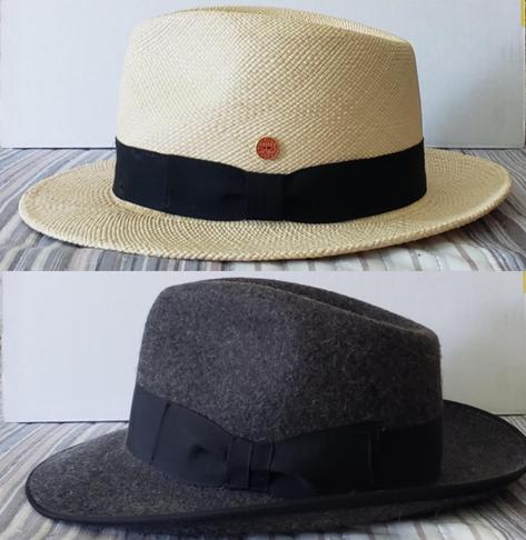 Two photos of hats in profile. Top, a white straw Panama with a with a small red makers' pin above the black silk hat-band. Bottom, a charcoal felt hat with a black silk band.