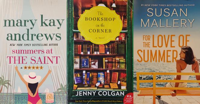 A photo of 3 book covers. On left is "Summer at the Saint" a novel by New York Times bestselling author Mary Kay Andrews. In the middle is "The Bookshop on the Corner" a novel by Jenny Colgan, New York Times bestselling author of "Little Beach Street Bakery." P.S. Insights, Interviews, & more... On the right is "For the Love of Summer" by #1 New York Times bestselling author Susan Mallery.