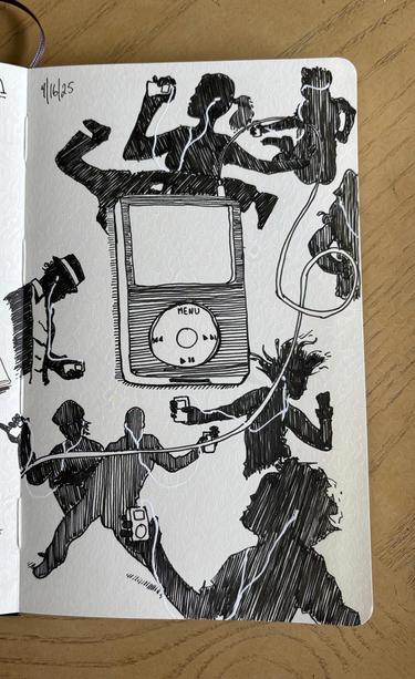 A sketch of an iPod classic with the silhouettes of people dancing.