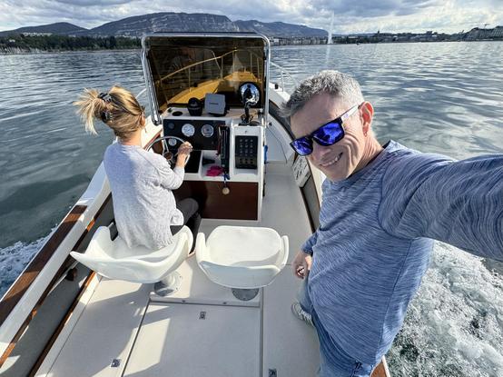 Selfie of Fabienne and myself sailing towards the Salève