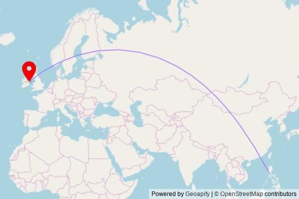 A map showing the great circle route from Muntinlupa in the Philippines to a map pin at St. Brigid's Church, Church Road, Rowlestown, County Dublin, Ireland