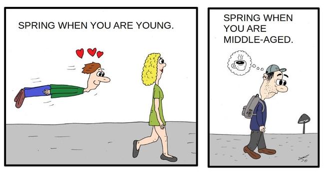 Comic strip drawn in simple vintage cartoon style. In the first panel "Spring when you are young", a boy is fluctuating mid-air and follows a girl with a short dress while emitting small hearts from his head. In the second panel "Spring when you are middle-aged", a man is walking visibly tired and thinks about a cup of coffee.
